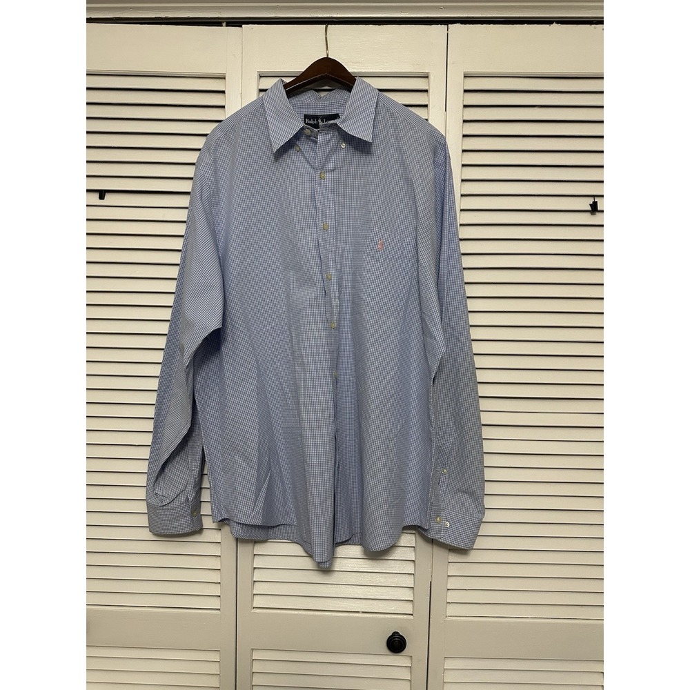 Vintage Ralph Lauren Blue Label Mens Classic Fit Dress Shirt XXL Blue Plaid Chec